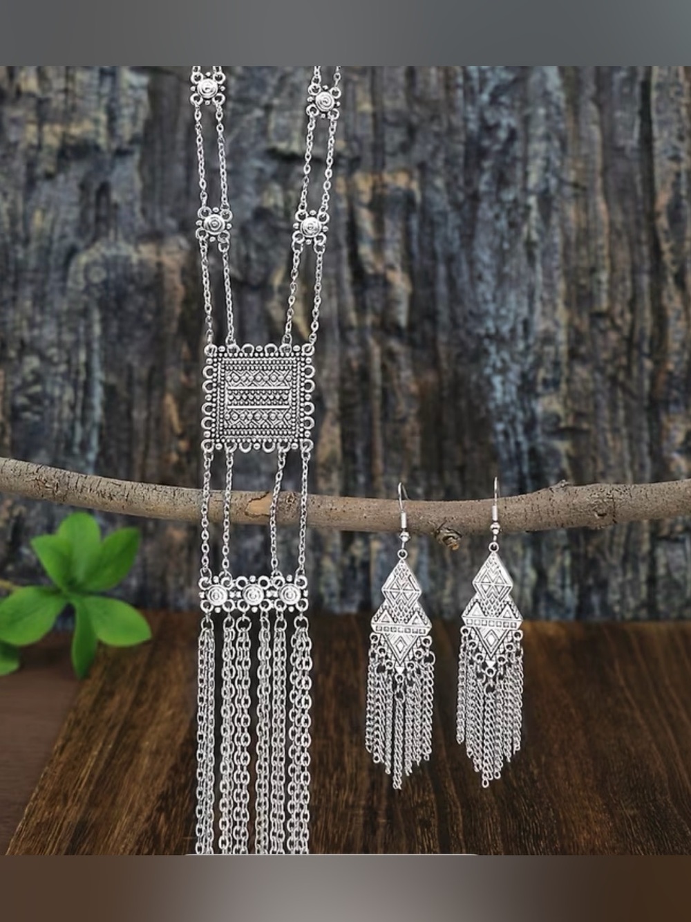 Boho Tribal Silver Tassel Statement Necklace & Earring Set New